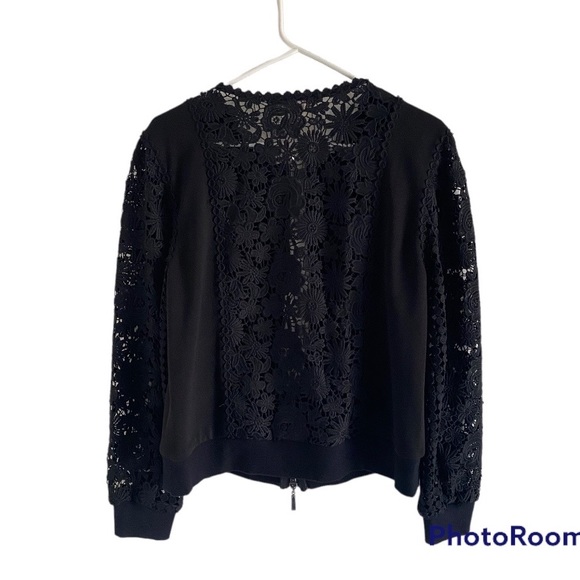 Boston Proper Women Long Sleeve Cutouts Lace Floral, Zip up Sweater - Picture 5 of 8